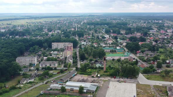 Aerial drone of Klevan town buildings and homes in Rivne Oblast Ukraine. Filmed on a summer day in A