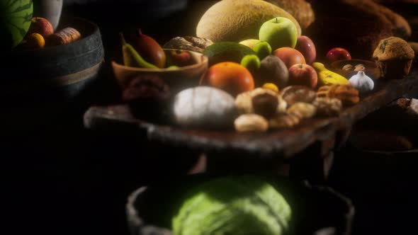Food Table with Wine Barrels and Some Fruits, Vegetables and Bread alt