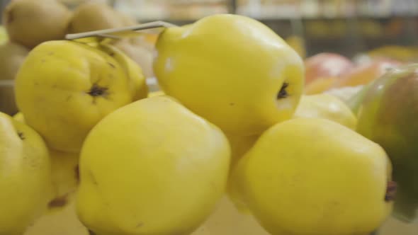 Camera Moving Along Fresh Juicy Fruits on Grocery Shelf. Tasty Healthy Food Lying for Sale in