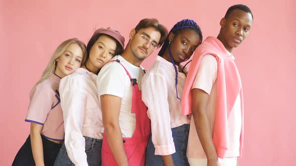 Five Friendly Mixed Race Models Wear Stylish Yellow Clothes Posing at Camera