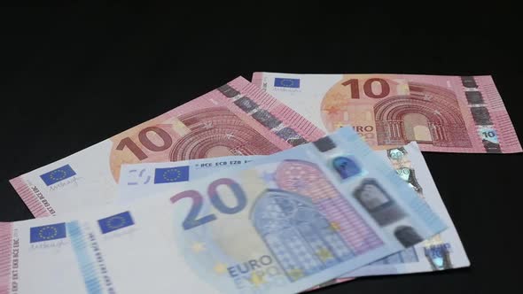 Counting lot of differnt Euro money banknotes slow-mo 1080p FullHD footage - Slow motion European Un