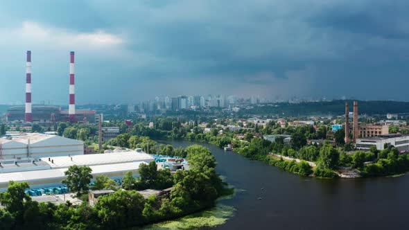 Aerial View of Industrial Objects During Lightning Storm in City