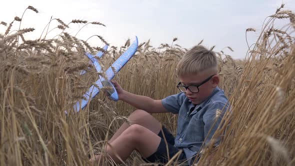 A happy boy launches a toy plane in a wheat field. Pilot of a children's plane.