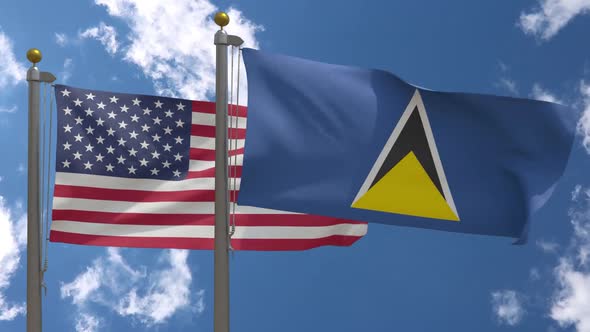 Usa Flag Vs Saint Lucia Flag On Flagpole