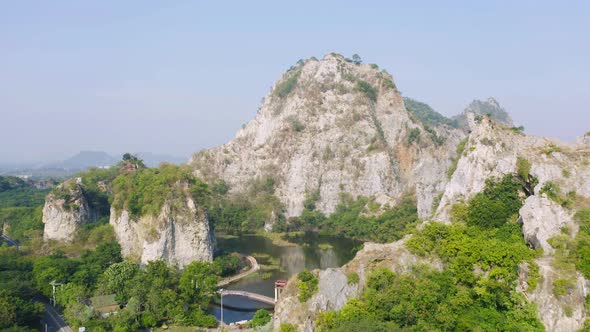 Aerial view of Khao Ngu Stone. National park with river lake, mountain valley hills