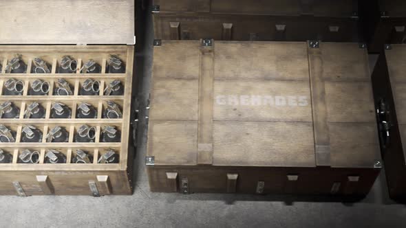 Military boxes with grenades. Huge stack. Warehouse. Endless animation. 4KHD