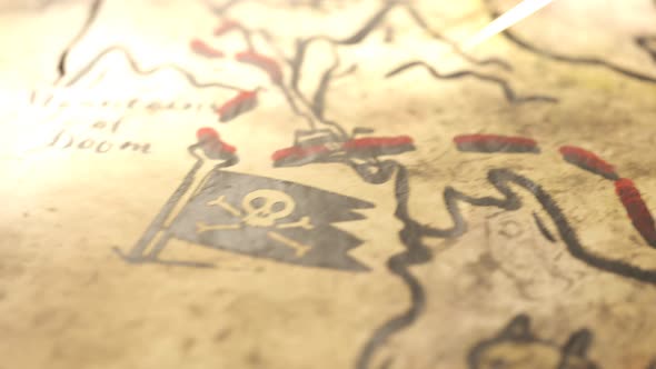 Funny hand-drawn ancient map with animated drawings. Treasure chest full of gold