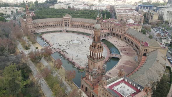 Majestic Spain Square or Plaza De España in Seville. Aerial establishing shot