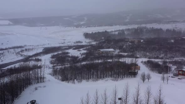 Snowy Landscape And Leafless Trees During Snowfall At Winter. aerial
