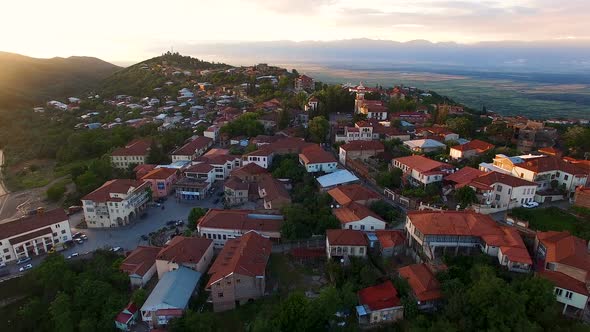 Stunning Aerial View of Sighnagi Town, Alazani Valley and Caucasus Mountains