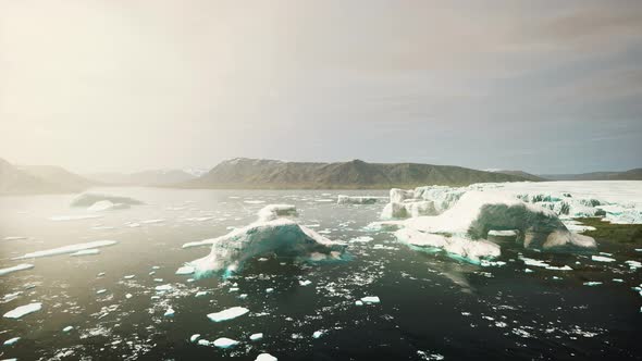 Snowy Mountains and Drifting Icebergs in the Greenland Sea