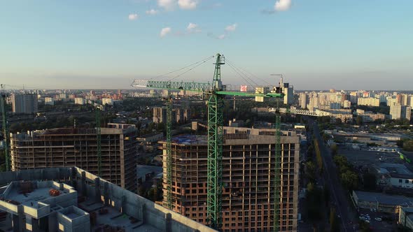 Aerial View of the Construction of a New Modern Residential Complex Near the River Kyiv Ukraine