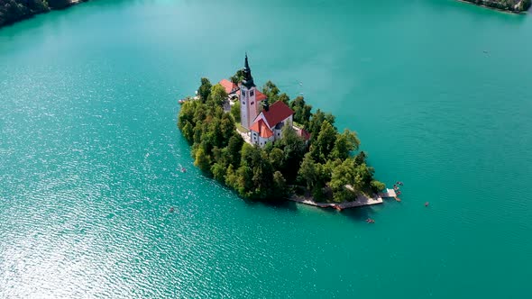 Cinematic view of Lake Bled Island with church