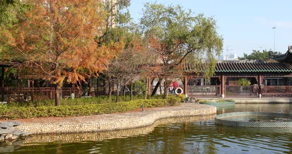 Chinese pavilion park and water pond