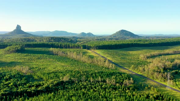 Aerial view of the Glass House Mountains, Sunshine Coast Hinterland.