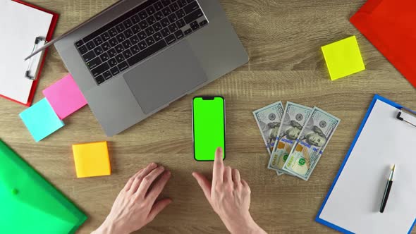 Worker is Showing How Easy to Earn Money with Freelance Green Screen Mockup