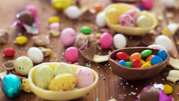 Chocolate Easter Eggs and Drop Candies on Table