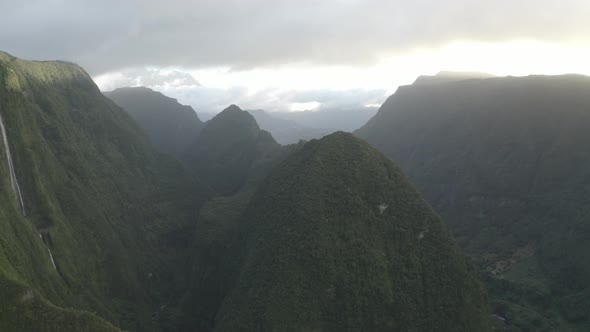 Aerial view of a waterfall (La Cascade Blanche), Saint Benoit, Reunion.