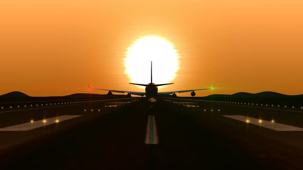 Airplane Landing against Orange Sunset