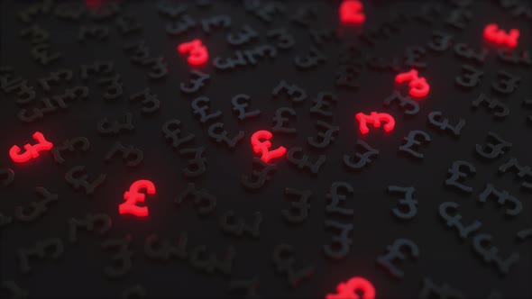 Glowing Red British Pound Sterling Signs Among Black Symbols