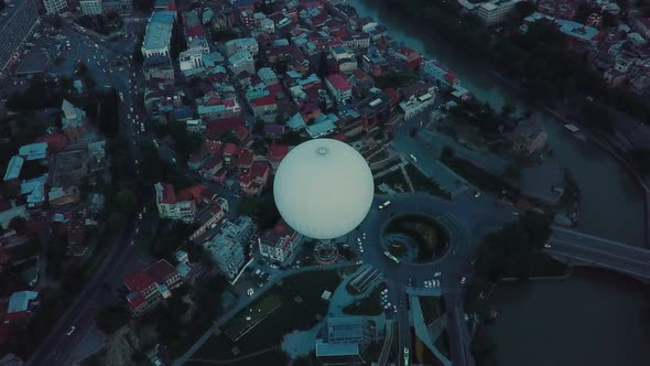 Scenic Aerial View of Historical Area of Tbilisi on Banks of Kura River and Surroundings in Spring