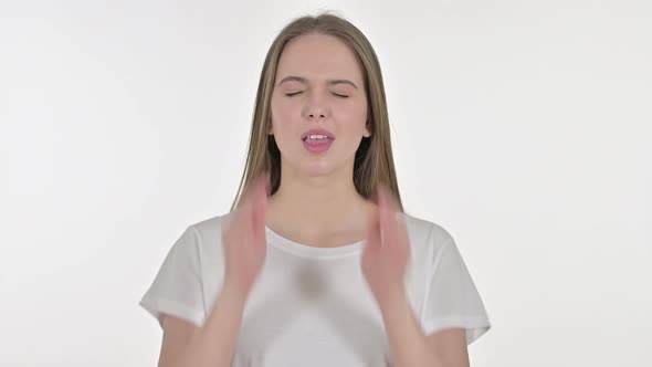 Portrait of Shouting Young Woman Screaming Loud, White Background