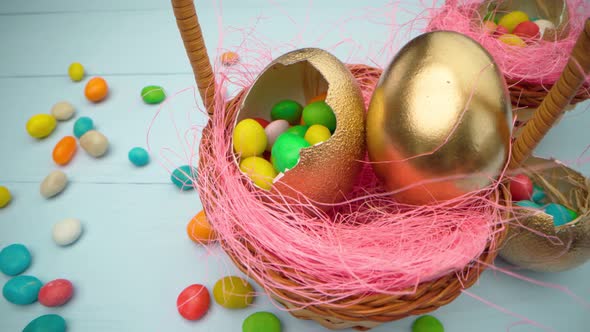 Easter Egg with Colorful Candies in a Basket Close Up