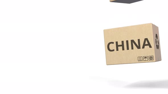 Falling Cartons with PRODUCT OF CHINA Text alt