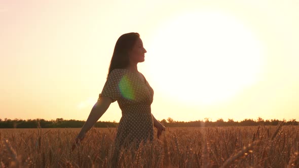 A Girl Walks Through a Field of Ripe Wheat at Sunset