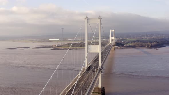 Vehicles Crossing the Severn Bridge Connecting England and Wales Aerial View