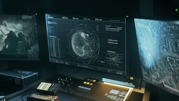 Spy computer system interface is searching for the satellite positions on a map alt