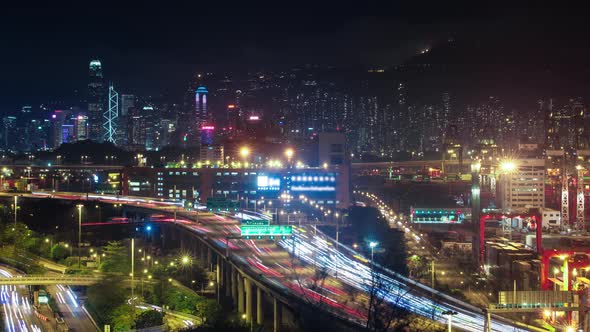 Hong Kong Skyline at Night Showing Landmark Buildings and Traffic 