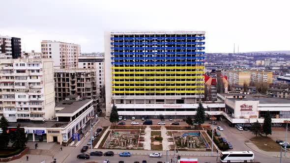 Hyperlapse with Building in the Colorful Flag of Ukraine Yellow and Blue Colors