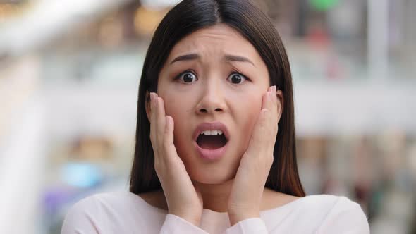 Close Up Female Emotional Face Asiang Girl Shocked Stressful Woman Model Frightened Lady Scared