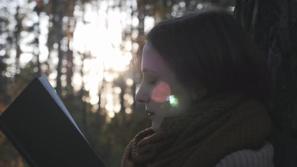 Portrait of attractive caucasian good-looking female traveler reading book in fall forest at sunset