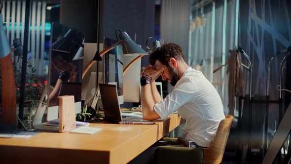 Tired Worker Overworked On Computer. Frustrated Businessman. Workaholic Work In Internet Deadline.