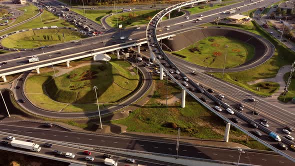 Aerial View of a Freeway Intersection Traffic Trails in Moscow