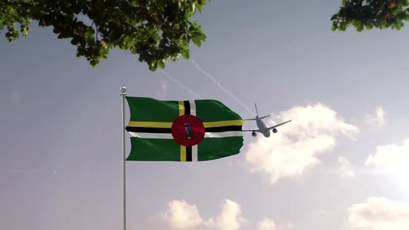 Dominica Flag With Airplane And City -3D rendering