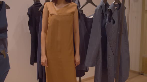 Beautiful Asian brunette woman tries on a new, brown, trendy dress at a fashion boutique - tilt up f