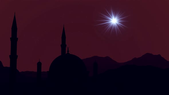 The sacred star at sunset lights up in the sky during Ramadan and the background of the mosque.