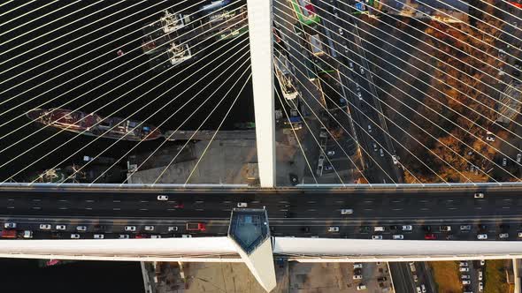 Pylon of the Cablestayed Bridge From the Air at Dawn