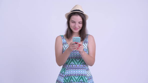 Happy Young Beautiful Tourist Woman Using Phone