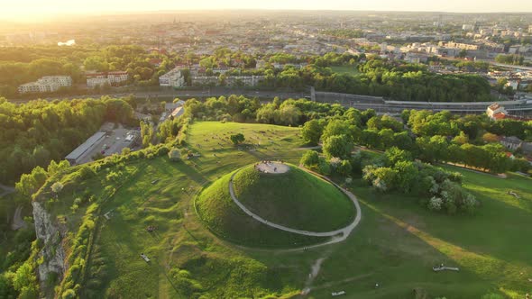 Aerial View of the Krakus Mound at Sunset in Krakow Poland