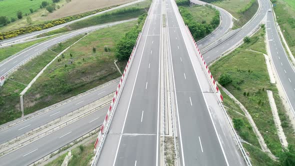 Aerial view of Highway and overpass. Road junction. Transportation and infrastructure development