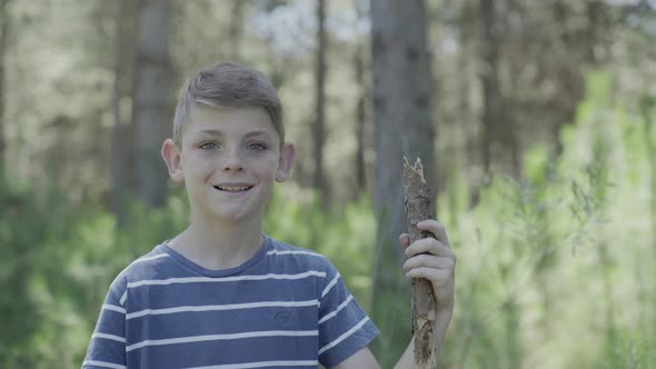Boy in woods, smiling, portrait