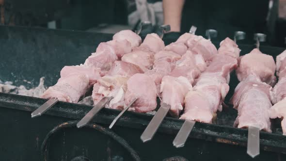 Raw Meat on Skewers Is Cooked on Grill at Street Food Festival. Slow Motion