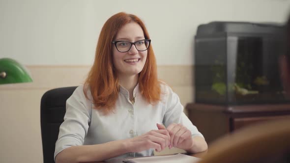 Portrait of Pretty Woman Psychologist Having Session with Her Patient. Beautiful Red-haired Woman