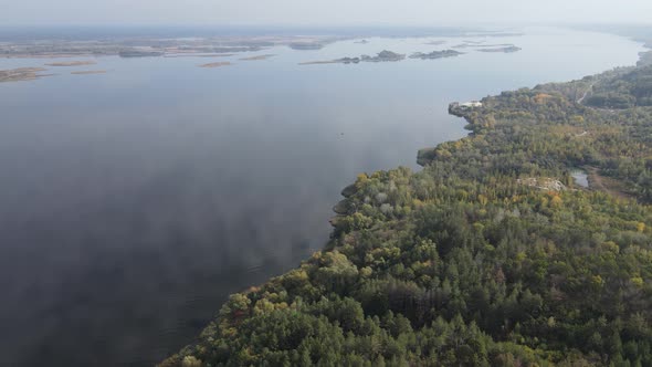 Beautiful Aerial View of the River Dnipro. Ukraine, Slow Motion