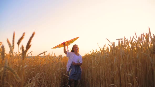 Pretty Girl Playing with Kite in Wheat Field on Summer Day. Childhood, Lifestyle Concept.