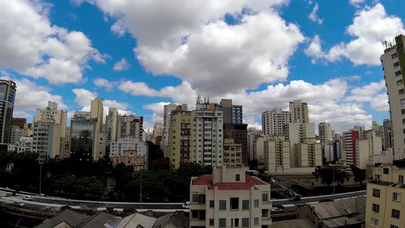 Aerial time lapse landscape of downtown Sao Paulo Brazil. Traffic at famous avenue